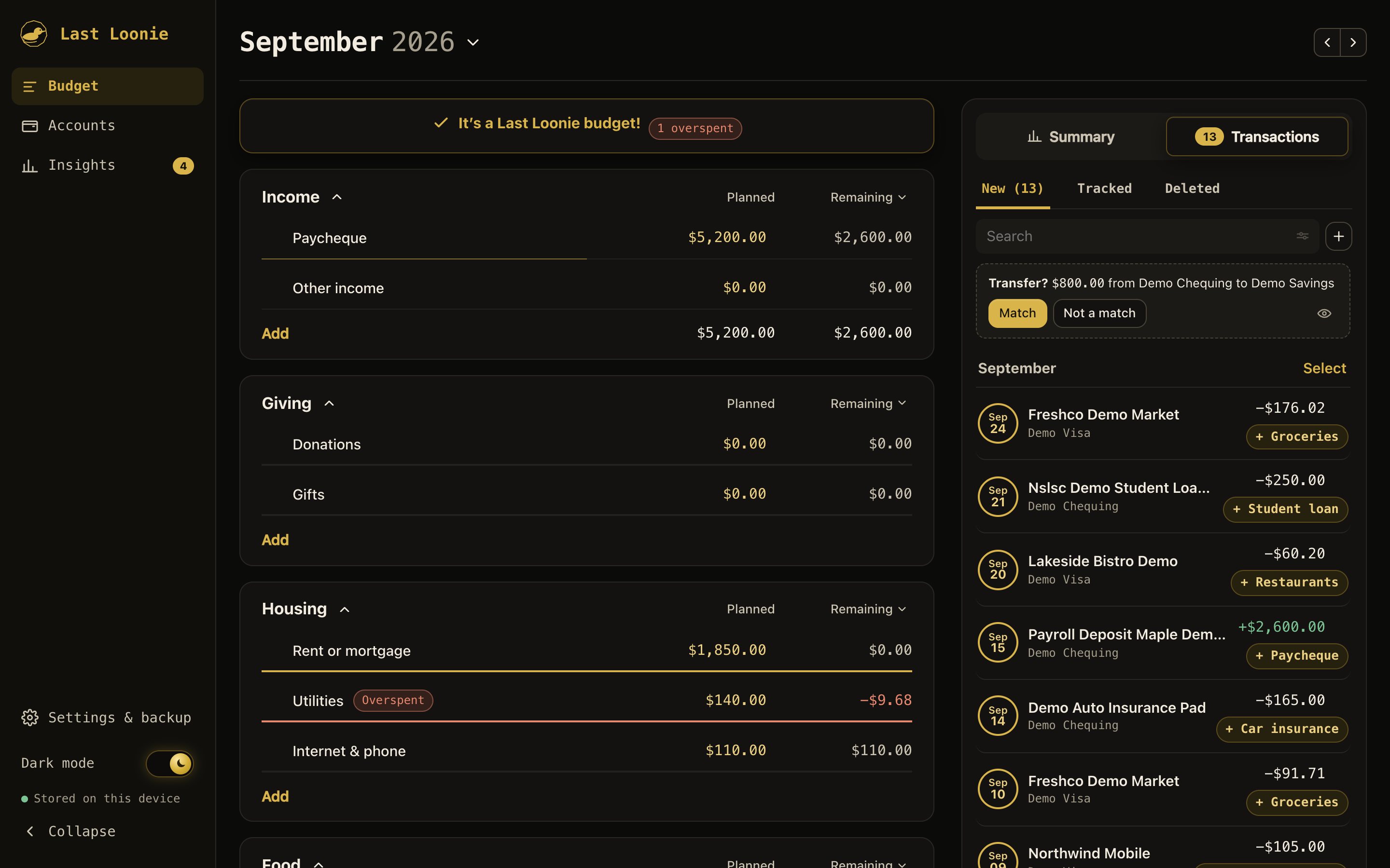 The same budget in dark mode, black with gold figures.