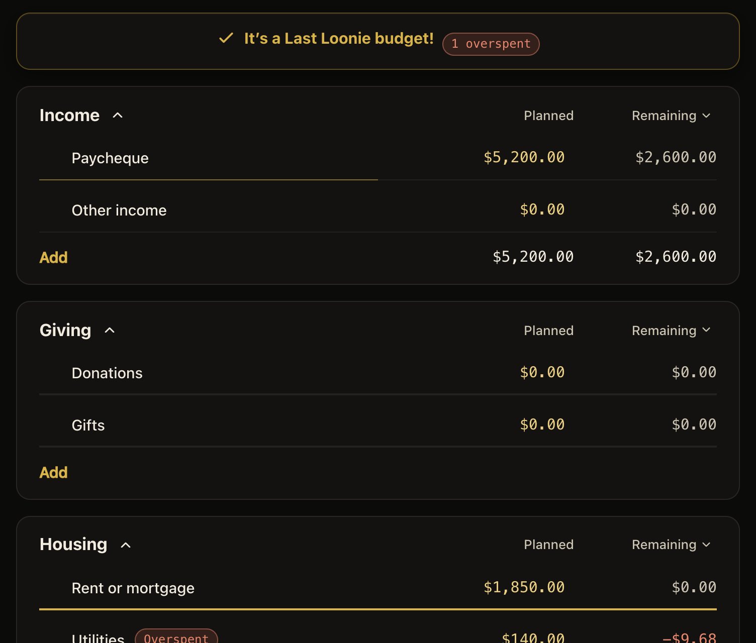 The budget groups in dark mode.