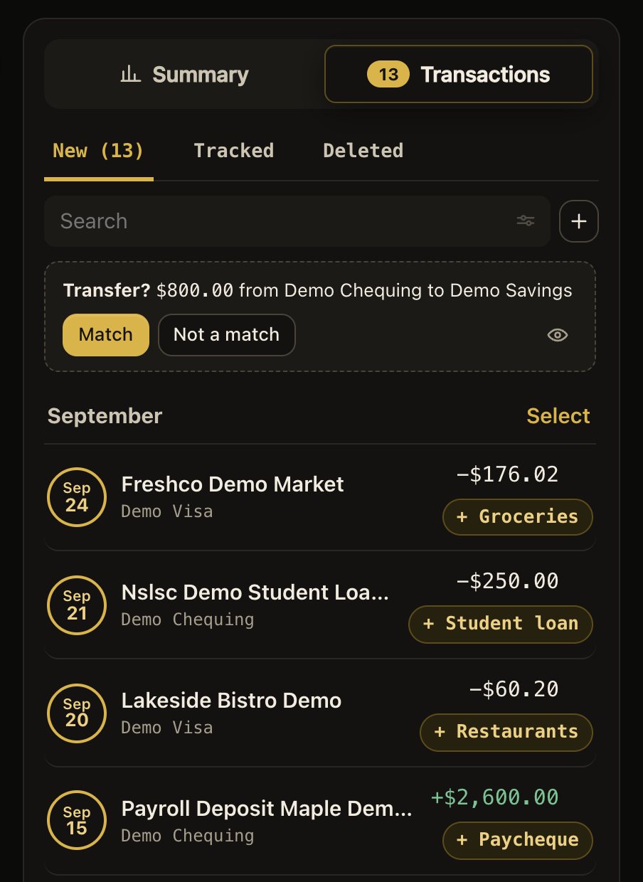 The new transactions in dark mode.