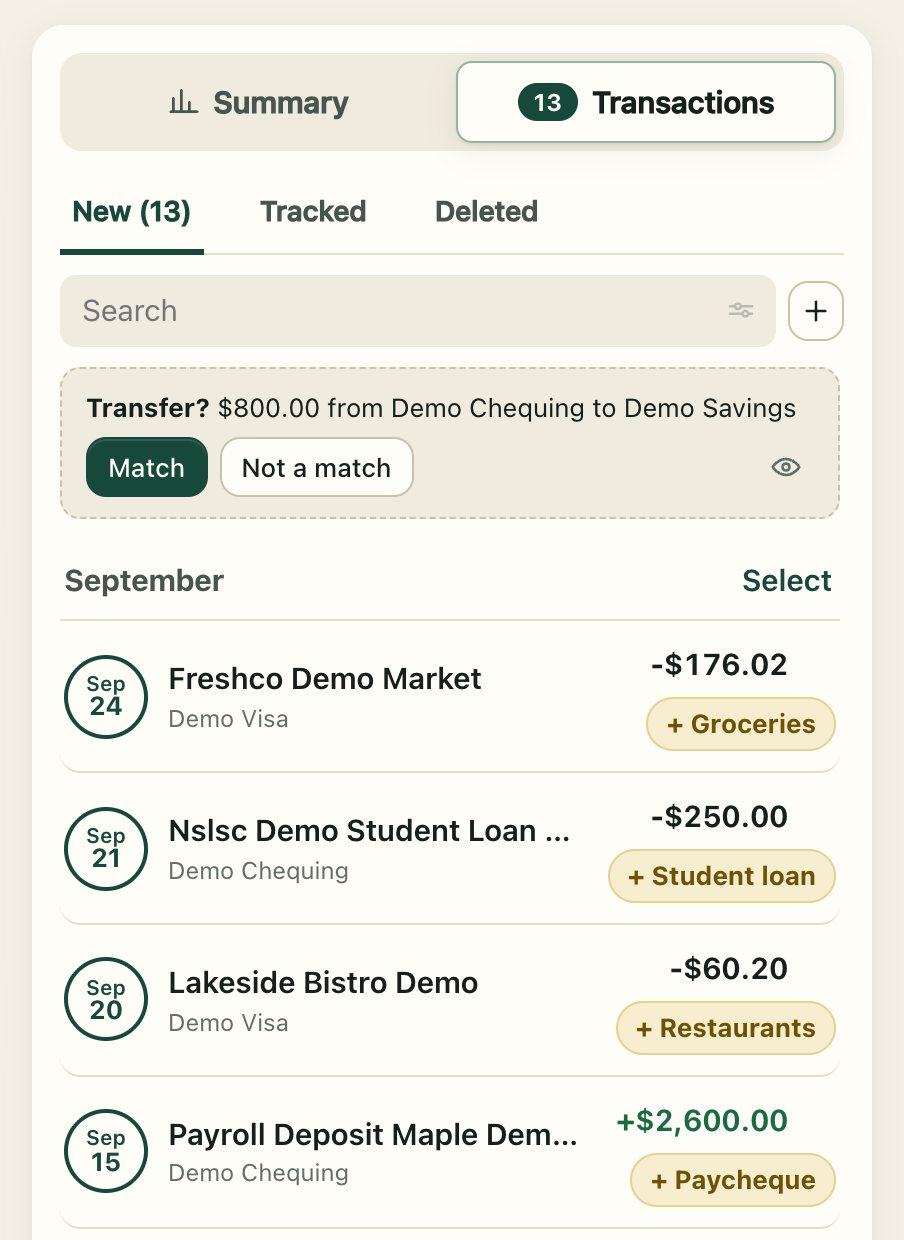 New transactions, each with a one-tap suggestion like “+ Groceries”, and a suggested transfer between two accounts.